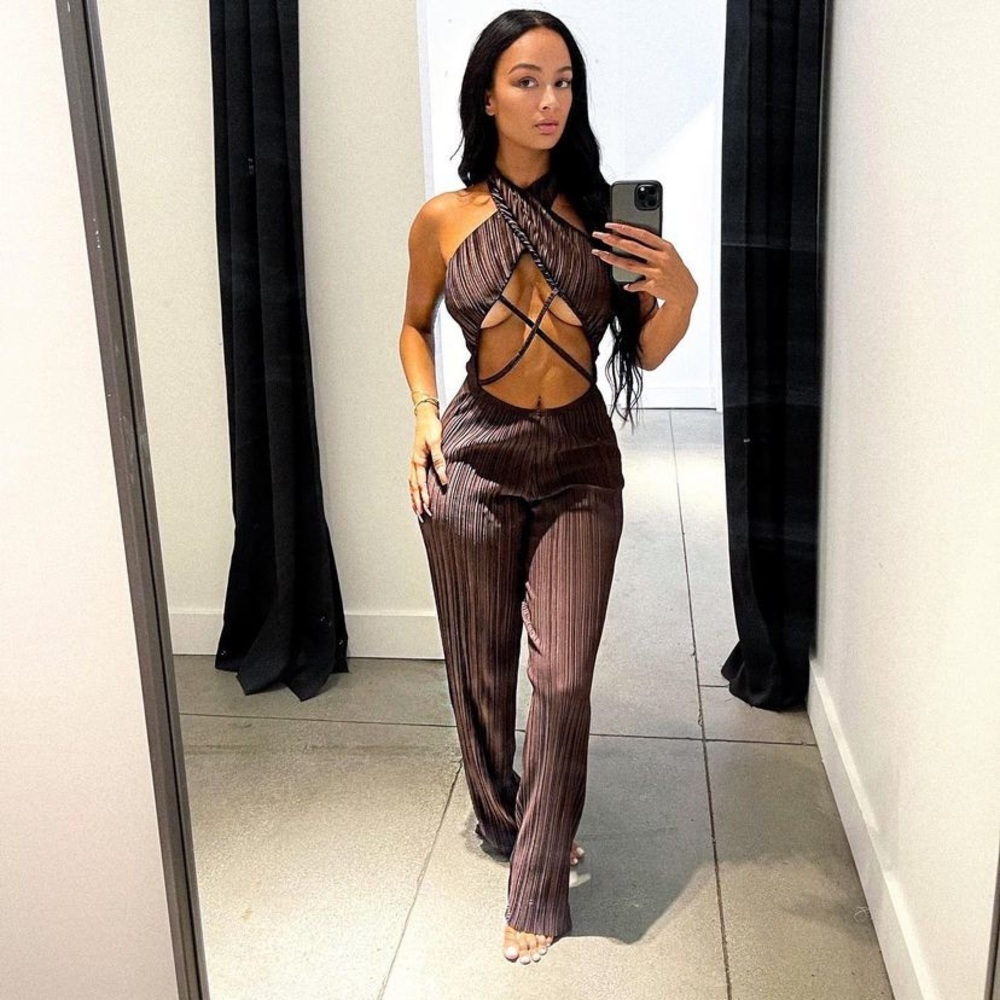 Pretty Little Thing Chocolate Plisse Cross Neck Strap Detail Jumpsuit